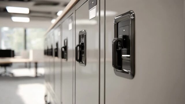 Medium shot featuring plugandplay cabinets in a reconfigurable exam space cabinet handles and locks focused with the environment gently out of focus.