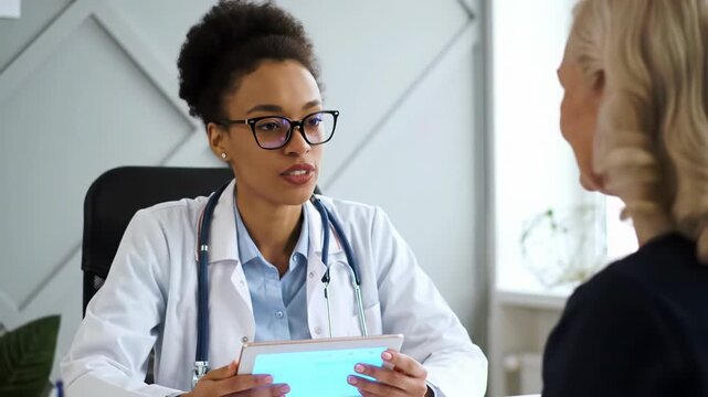 empathetic young african-american female doctor in white lab coat and glasses explains data on tablet to older caucasian woman with blonde hair, both smiling in soft light. concept of professional