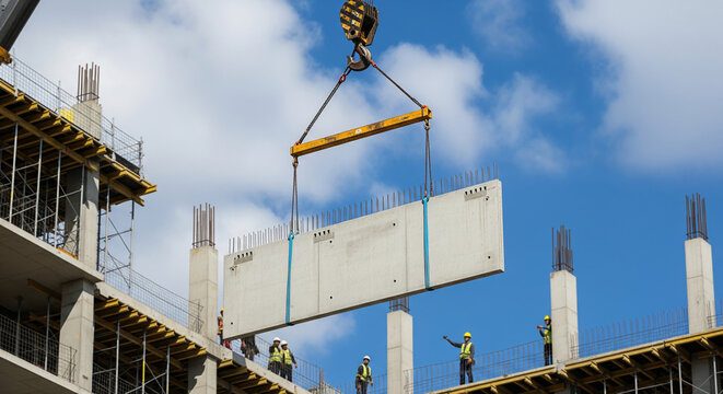 Construction workers installing precast concrete wall panel using tower crane