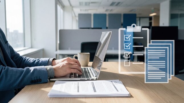 Businessman reviewing corporate compliance checklist and regulatory documents