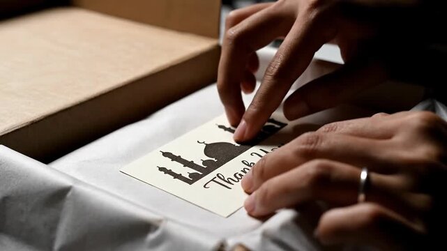 Careful placement of a thank you card with Islamic art inside a gift box