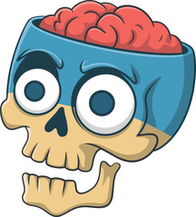 Obraz premium Creative cartoon vector illustration of a human skull with exposed brain and blue face paint, quirky anatomy character design for halloween or medical concept.