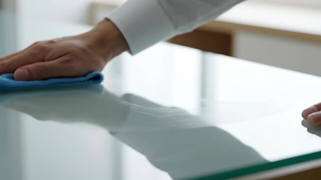 Careful hand polishing a reflective surface with a blue cloth for a pristine shine