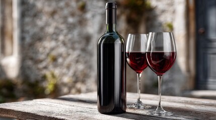 Obraz premium A vintage red wine bottle on aged wood with refined wine glasses, softly lit against classic winery walls, highlighting luxury and timeless character. 