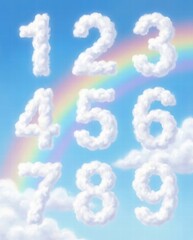 Numbers in Clouds with Rainbow Background and Blue Sky