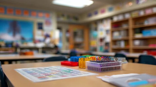 Secondary classroom medium shot capturing a fine motor skill activity with adaptive materials sharply in focus while posters and shelves behind gently blur.