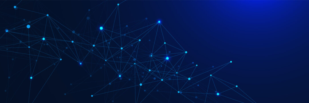 Glowing plexus or connecting the dots and lines on dark blue background. Futuristic network connection, big data visualization. Design for science and technology. Vector