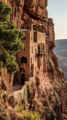 Ancient stone monastery perched on a cliffside