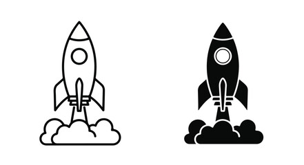 Black and white line icons of rockets launching into clouds on a plain white background.