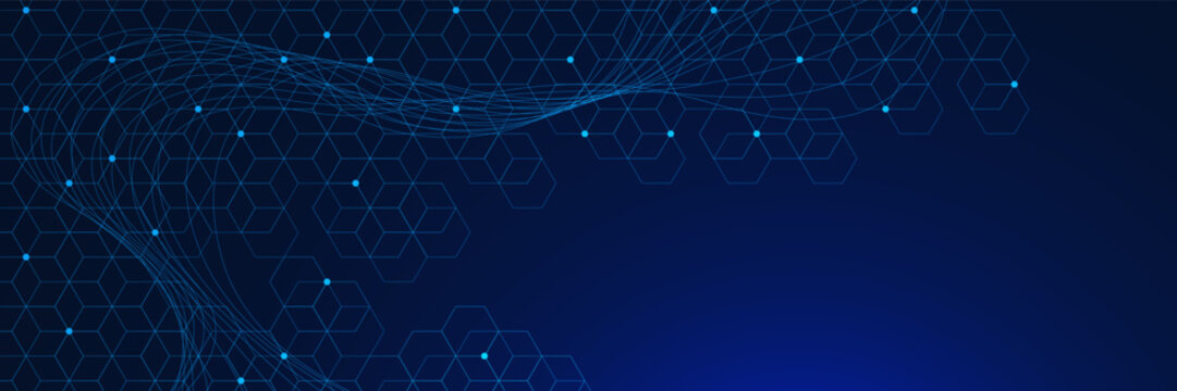Futuristic hexagon pattern with dots and wavy lines on dark blue background. Abstract network connection and global communication. Design for science and technology. Vector