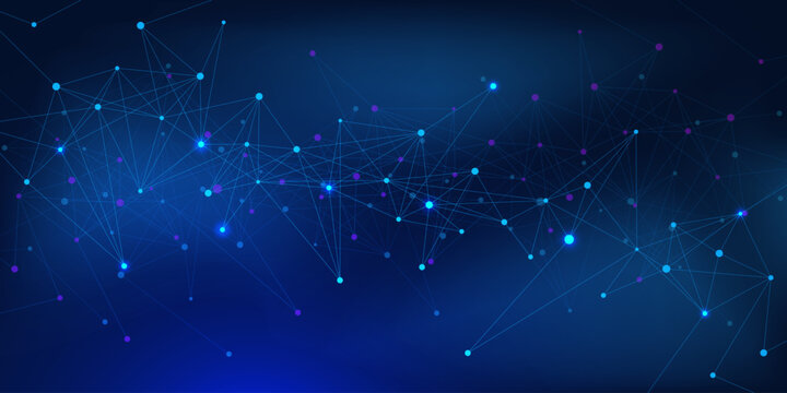 Digital molecular connection and neural network. Futuristic connecting the dots and lines on dark blue background. Vector