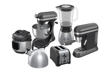 Collection of stainless steel kitchen appliances isolated on white background, concept of modern cooking and home electronics