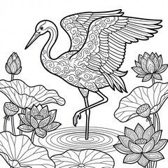 Obraz premium Elegant Crane Surrounded by Lotus Flowers in Intricate Line Art