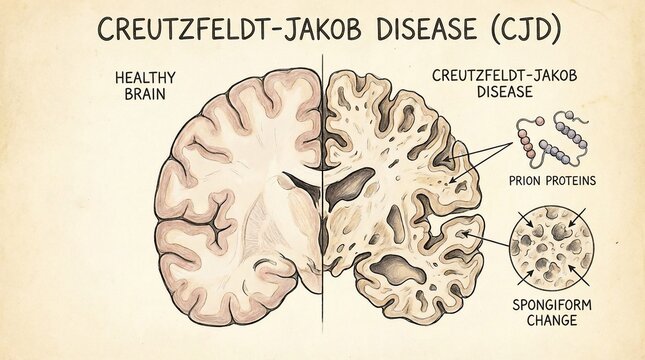 Medical Illustration Comparing Healthy Brain to Creutzfeldt-Jakob Disease Brain
