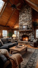 Cozy cabin living room with fireplace