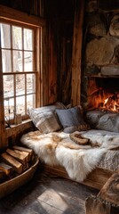 Warm cabin with fireplace and rustic decor