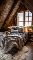 Cozy bedroom in a rustic attic with scenic views