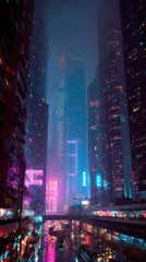 Neon-lit city at night with rain