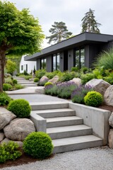 Obraz premium Modern architecture house with concrete steps and landscaping garden
