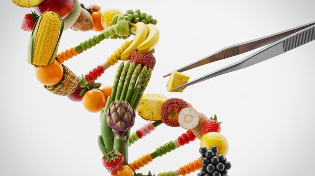A DNA helix made of fruits and vegetables is manipulated by tweezers, symbolizing nutrigenomics, food science, and genetic engineering.