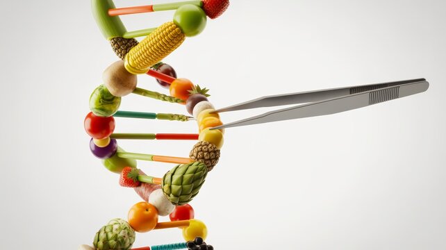 A DNA double helix made of fruits and vegetables is manipulated by tweezers, symbolizing nutrigenomics, GMOs, and the science of food.