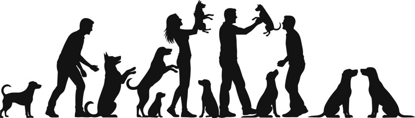 Minimalist black silhouettes featuring a diverse group of people interacting with, training, and playing with various dog breeds representing pet ownership and bonding.