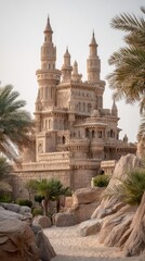 Majestic castle surrounded by palm trees and rocks