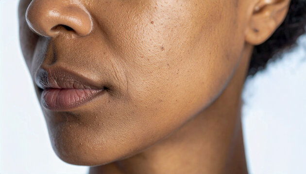 Brown skin with dark spots, hyperpigmentation on brown skin, african american woman with skin blemishes, imperfect skin