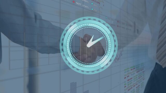 Animation of digital clock, trading board and graphs over caucasian entrepreneurs shaking hands