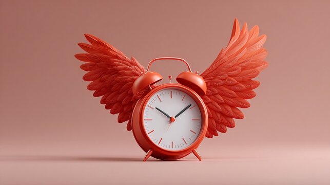 3D alarm clock with wings, flying over a bed made of clouds, "Better sleep" concept, surreal silliness, copy space