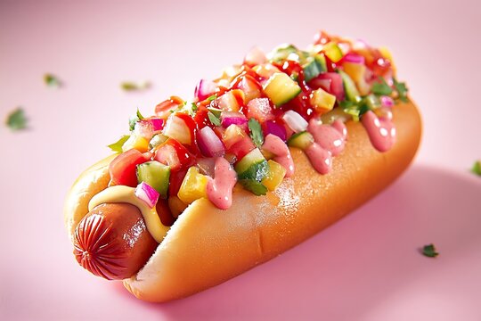 Vibrant hot dog creation topped with fresh ingredients and colorful sauces perfectly styled for a fun food photoshoot featuring bright pastel shades.