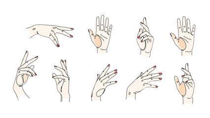 Fototapeta premium Various hand gestures and signs illustrated in a minimalist style on a clean background from different viewpoints