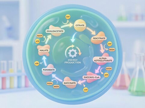 The Krebs cycle inside a cell, showing citric acid cycle steps, key metabolites, and ATP, NADH, and FADH2 production for cellular energy metabolism.