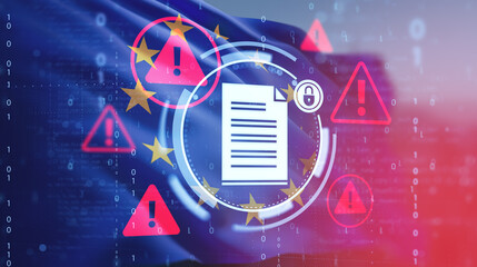 Digital data protection concept with document icon, warning signs, and EU flag on binary code background representing cybersecurity and privacy risks.