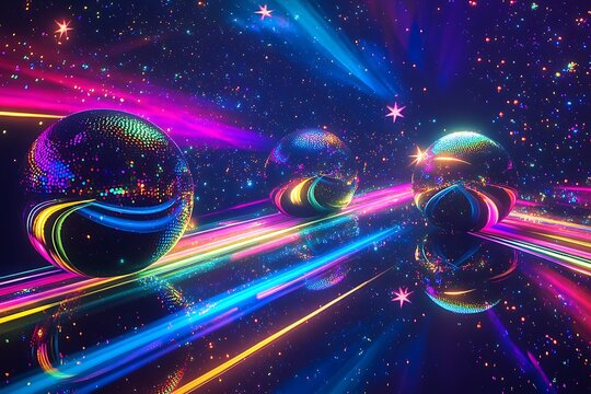 Vibrant outer space with disco ball stars, mirror planets spinning with colorful light trails, whimsical pop art feel, neon spectrum sky.