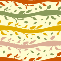 Naklejka premium Groovy 70s Seamless Pattern with Wavy Floral Vines Vector Background. Abstract curved lines flat design for textile fabric. Retro organic stripe movement wallpaper no outline style.