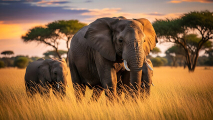 Obraz premium Elephant in savannah during golden hour with acacia trees