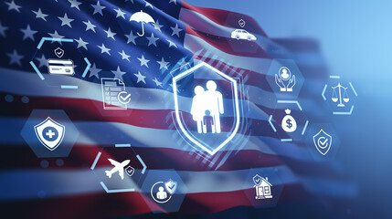 Family insurance protection concept with digital icons over USA flag background symbolizing...