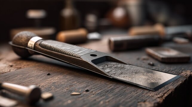 Woodworking plane on rustic bench