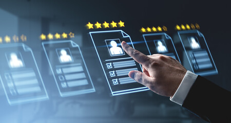 Human resources digital rating system concept with hand selecting profile under five-star feedback...