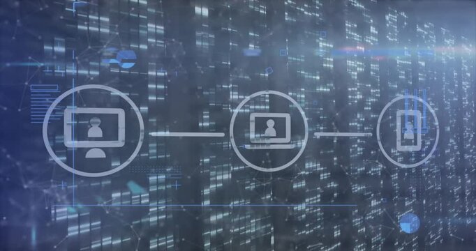 Animation of financial data processing over icons and moving columns on black background