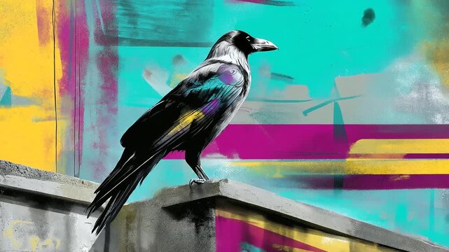 A cyberpunk raven perched on a neon antenna, bold stencil lines, layered spray textures, cyan&ndash;magenta&ndash;yellow palette, grainy urban background, rough edges, street-art vibe, graphic shadows