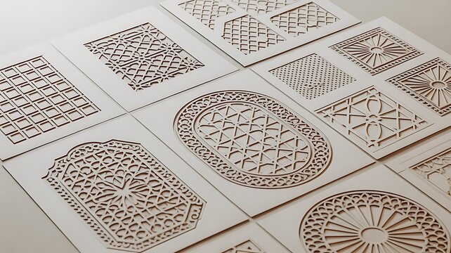 Templates for laser cutting, plotter cutting, printing. Square line patterns set. Geometric design cut out of paper. Mandala Islamic die cut ornament. 