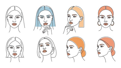 Collection of diverse female faces with different hairstyles and colors illustration