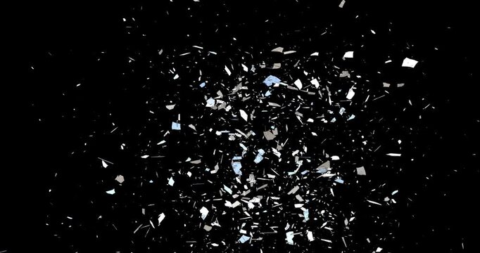 Flying shattered glass fragments in slow motion footage with alpha channel (ProRes, 4K only). 3D FX animation.
