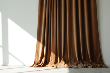 Rich Brown Velvet Curtain with Dramatic Central Sunlight and Shadows Against a Clean White Wall, Ideal for Luxury Interior Design Backgrounds
