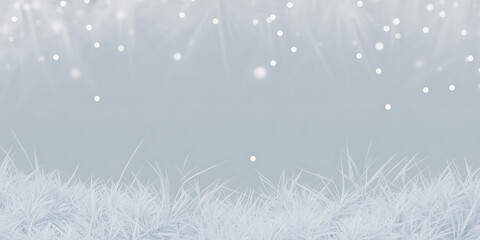 Ethereal winter background showcasing frosted grass blades at the bottom and enchanting light rays cascading over sparkling bokeh lights at the top, on a soft blue-grey.
