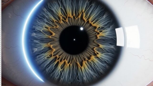 A close-up view of a human eye with a blue iris and yellow patterns, displaying intricate details and a reflection of light.