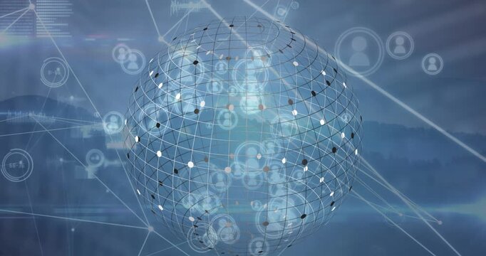 Animation of fata processing and profile icons over spinning globe against landscape with sea