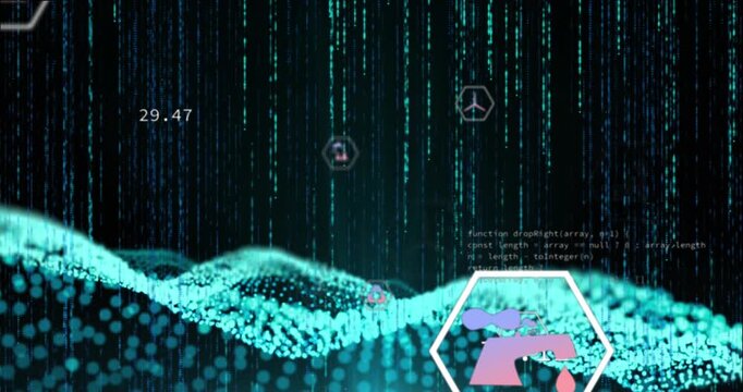 Animation of icon in hexagons over dynamic dots forming waves and computer language